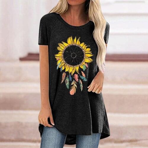 Summer Casual Streetwear Women Casual Sunflower Printing Short Sleeve Round Neck T-shirt Pullover Loose Tee Tops Tunic