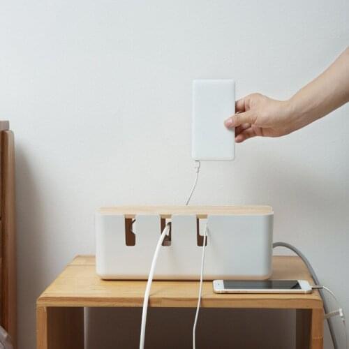 Cable Organizer Box Hard Plastic Desk Cable Management Box with Holder Wood Color Cover for Home Cable Winder Storage