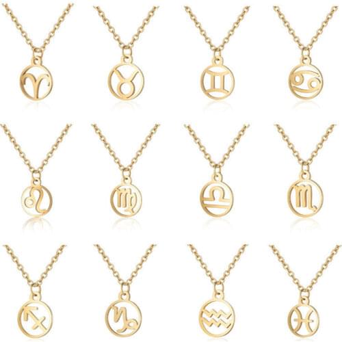 Stainless Steel Star Zodiac Sign Neckless 12 Constellation Pendant Necklace Women Gold Chain Necklace Men Jewelry