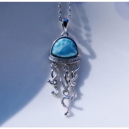 Sea Colletion Larimar Jewelry 925 Sterling Silver Pendant Natural Larimar Pendant Jellyfish Pendant for Women without Chain