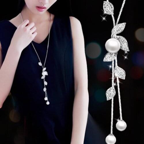 Crystal Leaves Imitation Pearl Long Tassel Chain Necklace Summer Dress Jewelry Accessories