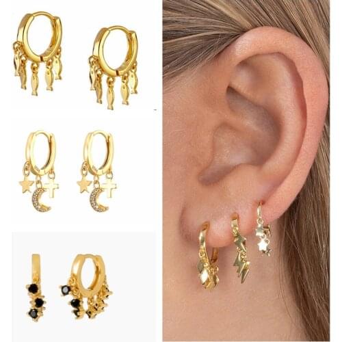 BOAKO 925 Sterling Silver Light Luxury INS Style Earings Personality Cross Star Moon Zircon Earrings For Women S925 Jewelry