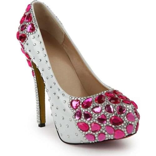 Rose Red Rhinestones Pumps Diamond Bride Crystal Shoes 140mm High Heel Platform Bling Bling Wedding Party Pumps