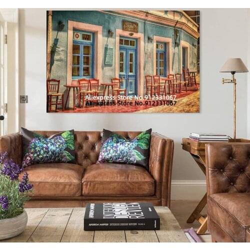 Street View of A Coffee House in A European Town Bar Decoration Poster Decorative Painting Canvas Wall Art Living Room Posters
