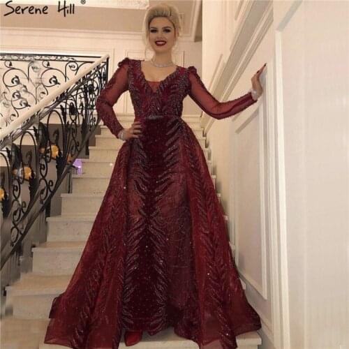 Velvet Wine Red Evening Dresses Long Sleeves Luxury Design Beading Formal Dress 2020 Serene Hill Plus Size - DLA60903