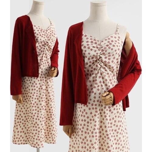 Corduroy dress floral sling Two-piece fashion suit Casual V-neck Dress Vestidos Corduroy Retro 2021 New Autumn Dress