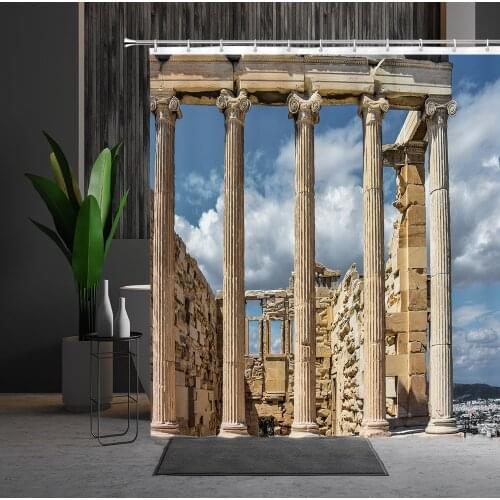 Waterproof Shower Curtain Retro Temple Roman Column Building Sea Rock Natural Scenery Photography Background Bathroom Curtains