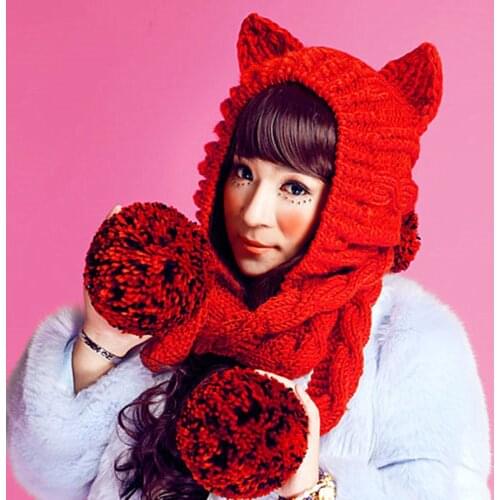 BomHCS Womens Thick Cable Handmade Knit Beanie Cat Ear Warm Hat with Soft Balls Pom