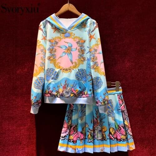 Svoryxiu Designer Fashion Autumn Skirt Suit Womens Long Sleeve Shell Print Hoodie + Pleated Mini Skirt Casual Two Piece Set