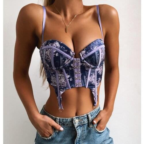 Womens Sexy Crop Cami Top, Summer Spaghetti Strap Floral Print Backless Push Up Bustier Corset Retro
