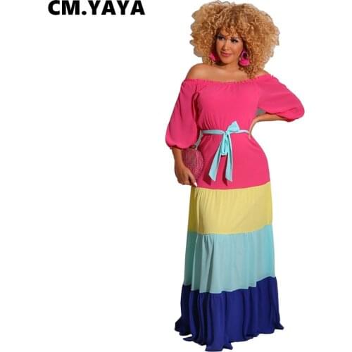 CM.YAYA Women Long Dress Patchwork Short Lantern Sleeve Off Shoulder Slash Nesck Loose Desses Bandage Sashes Fashion Outfit 2021