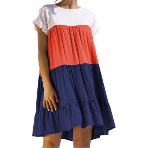 Spring Summer Dress Women Short Sleeve Plus Size Dresses Ruffle Color Block Large Hem Cotton Blend A-line Elegant Party Dress