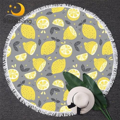 BlessLiving Lemon Round Beach Towel Fresh Fruit Circle Yoga Mat Yellow Grey Bath Towel Toalla 3d Print Cozy Blanket Dropship 1pc