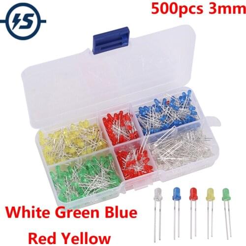 500pcs 3mm White Green Blue Red Yellow LED Kits Light Emitting Diode