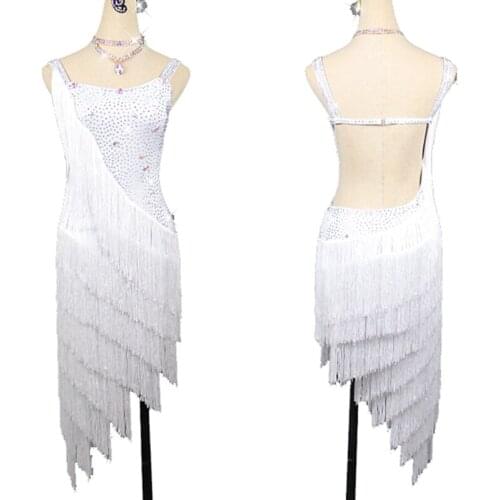 White Latin Dance Dress Fringe Dress Female Dance Clothes Women Girls Competition Dress Rumba Dancewear Party Dance Dress BL3138