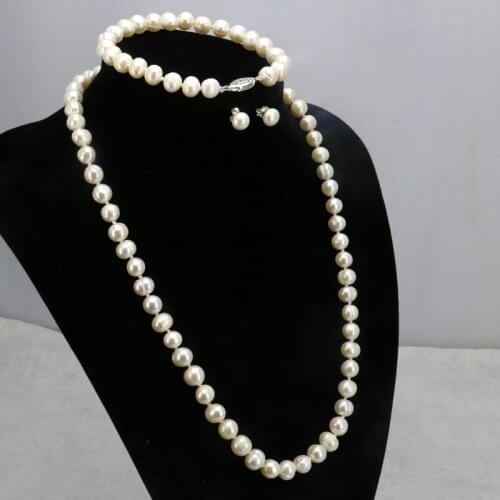 White pearl necklace sets fish clasp 6-7mm necklace 18"bracelet 7.5" earring women jewelry making design Wholesale