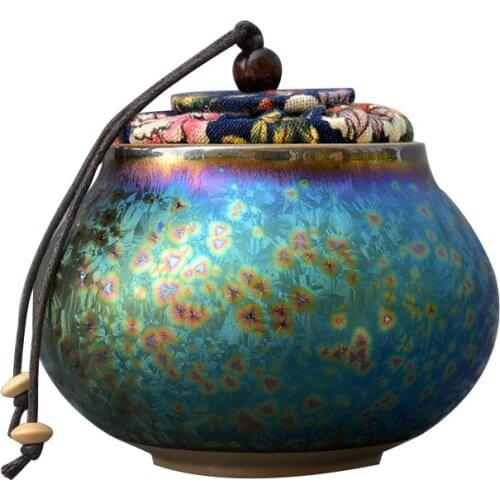Ceramic Temmoku Glaze Kiln Baked Seven Color Jian Zhan Handmade Exquisite Tea Containers Tea Storage Jar Decoration