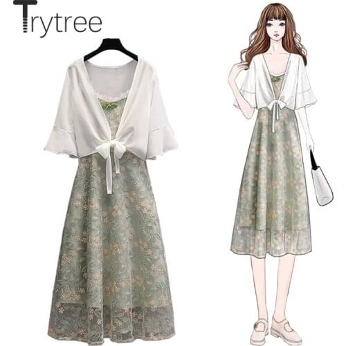 Trytree Summer Women Two Piece Set Casual Lace Short Coat + Suspender Dress Hook Flower Hollow Mid-Calf Elegant 2 Piece Suit