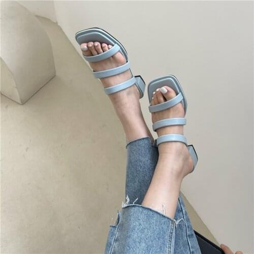 Summer Outdoor Slides Women Narrow Band Slippers Leather Sexy Ladies Mid Heels Pumps Square Heels Woman Slip On Open Toe Shoes