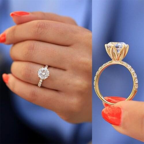 Milangirl Simple Ladies Wedding Engagement Rings for Women Gold Color Inlaid Round White Crystal Rhinestone Ring Jewelry
