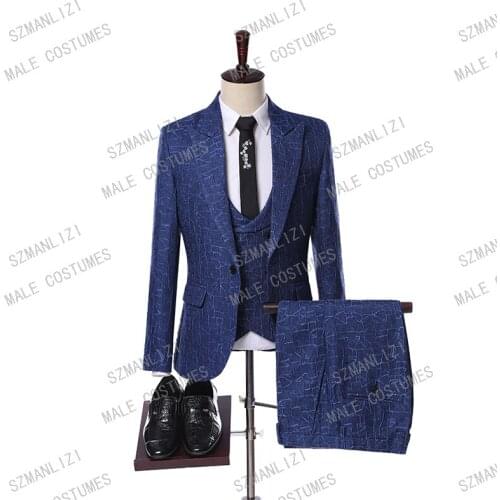 Terno Masculino Slim Fit 2019 Designer Brand Tuxedo Blue 3 Piece Casual Wear Wedding Party Dress Plaid Men Suit With Pants