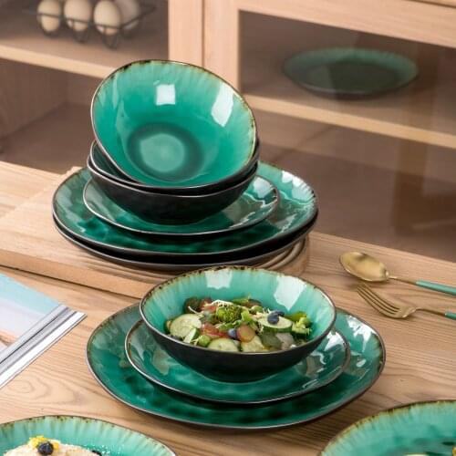 Coco 12/24/36 PCS Pottery Stoneware Vintage Ceramic Green Dinnerware Set with Dinner Plate,Dessert Plate,Bowl Tableware