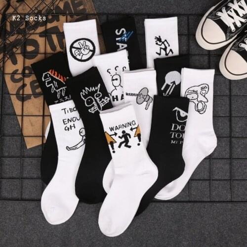 Trend Streetwear Tube Socks Cotton Cartoon Pattern Anime Ins Harajuku Girls White Black Sport Fashion Soft Funny Men Women Socks