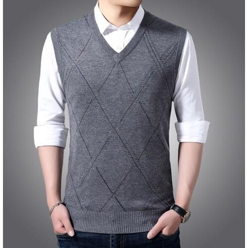 New 2020 Man Cashmere Vest Casual Plaid Sweater Male Sleeveless Wool Knit Jumper V-Neck