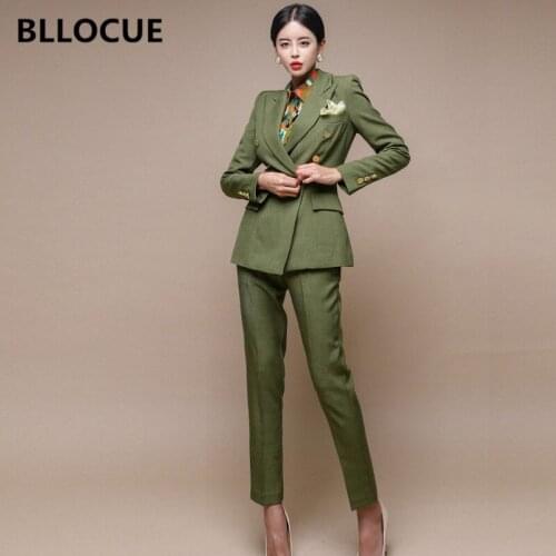 BLLOCUE Autumn Womens Fashion Professional Wear Two-piece Casual Korean Double-breasted Blazer + Pencil Pants Suit