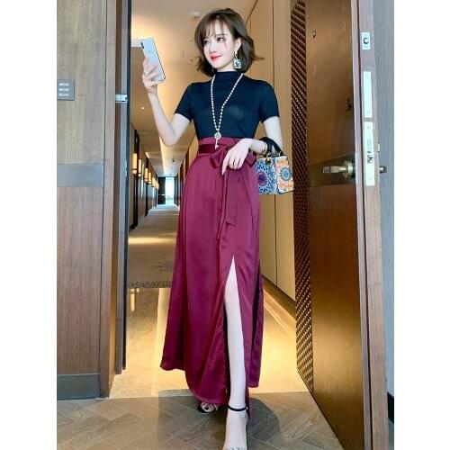 Top Quality Half high neck short sleeve top+New summer dress with lace up sexy split