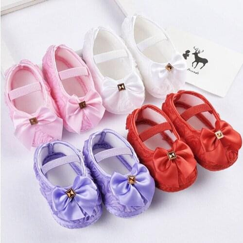 Solid Baby Girls Shoes High Quality Cloth Baby Shoes Pink Gray White Purple Newborn Crib Shoes Bow Anti-Slip Toddler Prewalkers