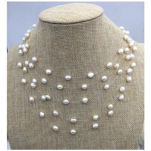 Unique Pearls Jewellery 6-7MM White Rice illusion Freshwater Multistrand Pearl Necklace Wedding Love Mothers Day Gift
