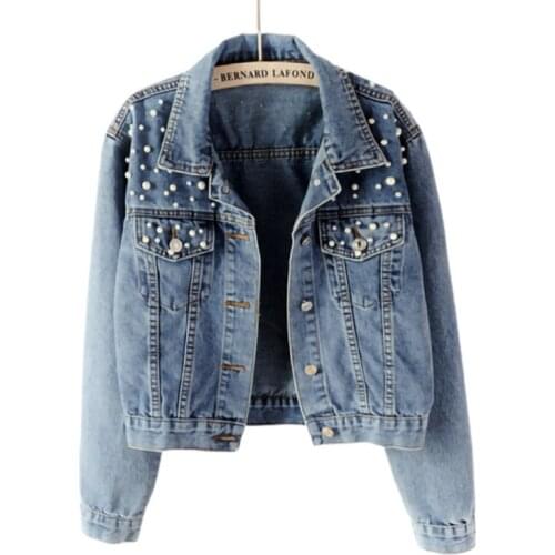 2021 Autumn Women Fashion Long Sleeve Turn-Down Collar Pocket Patchwork Pearls Beading Denim Jeans Jacket Coat Casual Overcoat