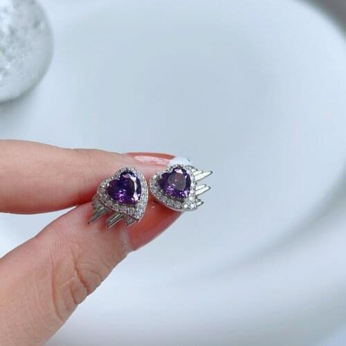 Silvology 925 Sterling Silver Purple Zirconia Feather Heart Stud Earrings for Women Elegant Luxury Earrings Aesthetics Jewelry
