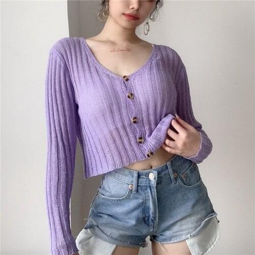 Lady Deep V Neck Basic Short-length Button Cardigan Blusa Thin Casual Women Knit Blouse 2020 Autumn Loose Black White Purple Top