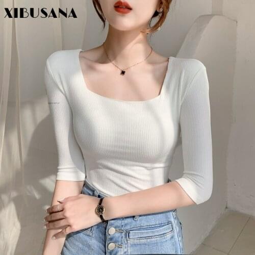 2021 Summer Elegant Half Sleeve Cotton Knitted Tops Women Square Collar Solid T-shirts Female Slim Elastic Tee Shirts Pullovers