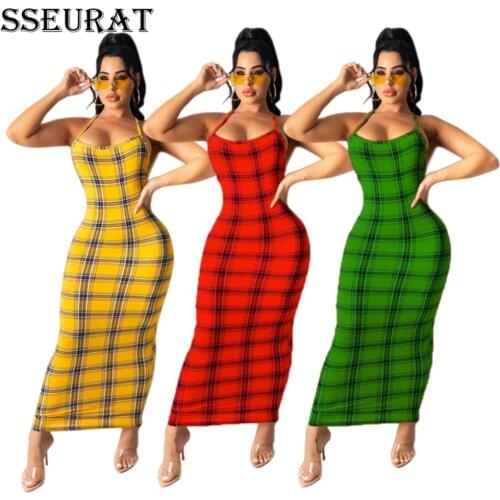 SSEURAT Women Long Dress Plaid Print Spaghetti Strap Hollow Out Sheath Elastic Slim Dresses Lady Fashion Outfit Summer