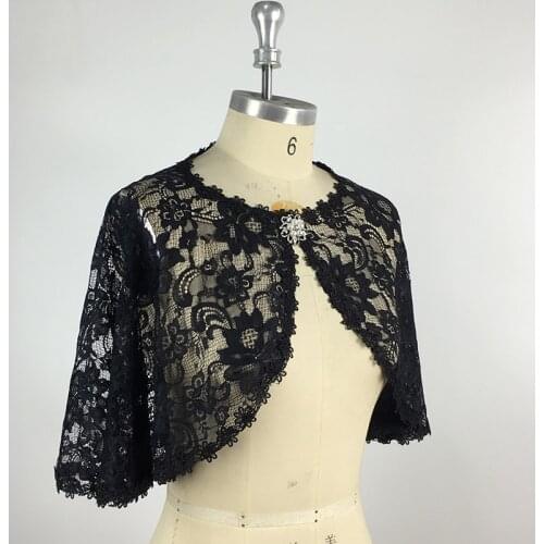 2020 Elegant Women Black Lace Bolero Wedding Lace Shawl Bridal Jacket With Brooch