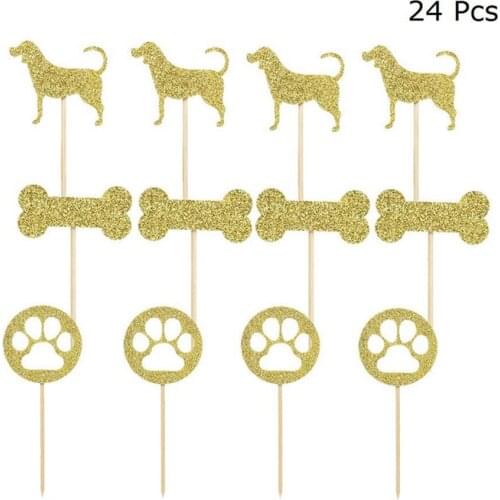 24pcs Shining Dog Cake Topper Bone Footprint Decor Insert Card Decorating Cupcake Toppers Kids Birthday Party Favors Gathering