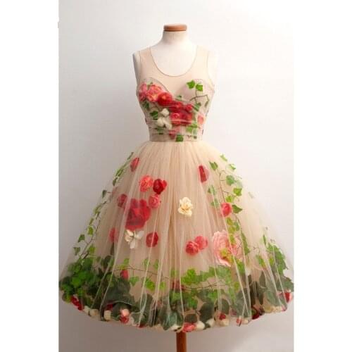 Pretty 3D Rose Flower With Leaf Tulle Formal Party Dresses Champagne Knee Length Cocktail Dress Prom Gowns Vestido De Formatura