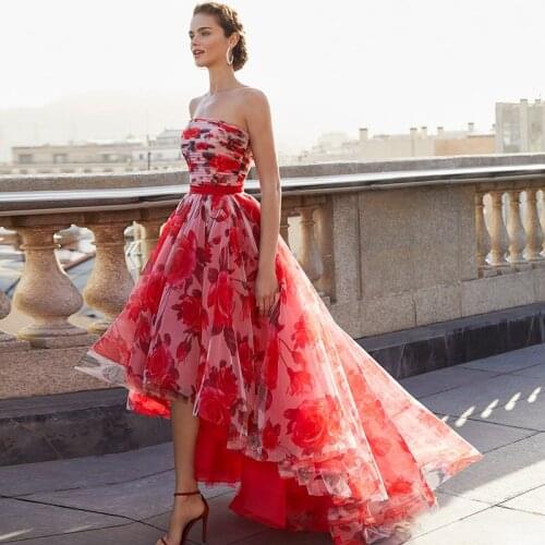 Floral Print Prom Party Dress Strapless A Line Short Front Long Back Lady Evening Gown Vestidos De Marruecos