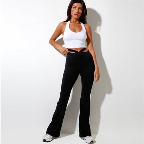 Hot WomenS Fashion Spring And Autumn Casual Strap Flared Trousers Black Cotton High-Waist Trousers With Hollow Design Trousers