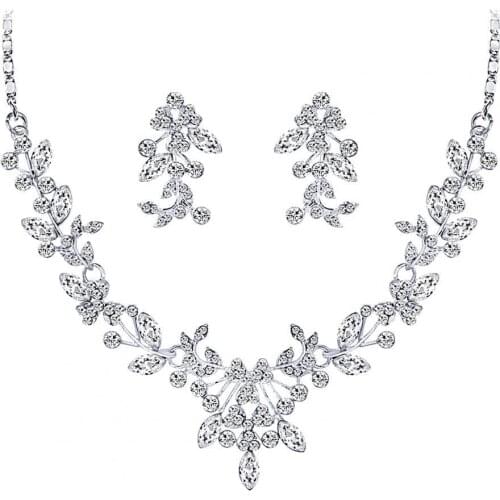Women Wedding Party Rhinestone Shiny Floral Necklace Earrings Jewelry Set Gift Necklace Earrings Jewelry Set Gift Necklace Earri