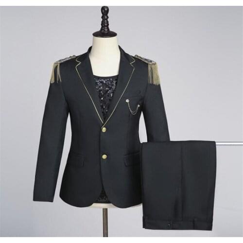 Korean mens suits black fashion trajes de hombre male chaquetas de traje singers dance performance tassel medal warlord dress