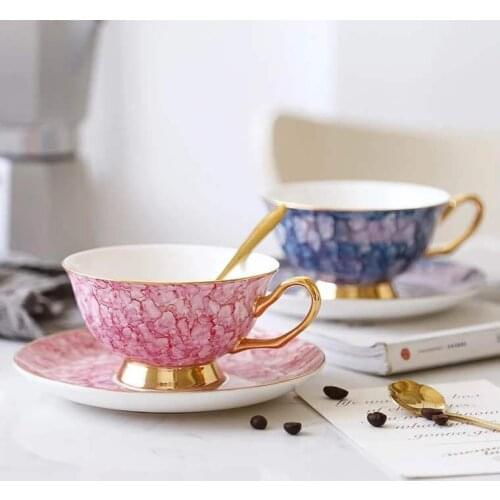 Nordic style creative marbled ceramic cup gilded handle cup wooden saucer cover coffee cup breakfast milk cup flower tea cup Mug
