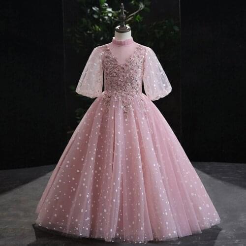 Children Girls Exquisite Embroidery Lace Flowers Birthday Party Wedding Ceremony Festivals Dress Kids Elegant Piano Host Dress