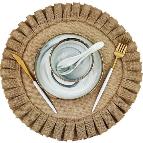 Mcao Faux Jute Burlap Table Placemats Pack of 4 for Dining Living Room Rustic Round Ruffles Holiday Christmas Party Decor TJ6132