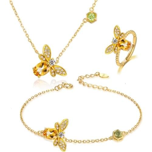 Cute Lovely Yellow Bee Rings Animal Design Golden Crystal Zircon Butterfly Opening Ring Earrings Bracelet Female Wedding Jewelry