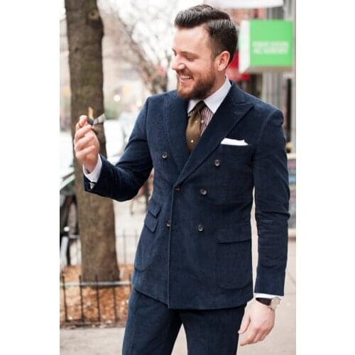 2020 Blue Double Breasted Men Suit Peaked Lapel Corduroy Safari Style Work Street Smart Business Suits 2 Pieces Casual Blazer