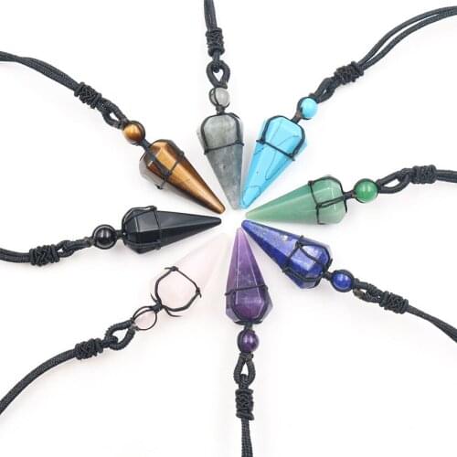 Natural Stone Cone Crystal Pendant Necklace Quartz Black Rope Wrapped Treatment Necklace for Men Men Female Fashion Jewelry
